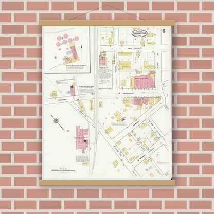 Old map wall art mockup — magnetic wood frame on brick wall — Sanborn Fire Insurance Map from Brownstown, Jackson County, Indiana (1916), Sheet #0006