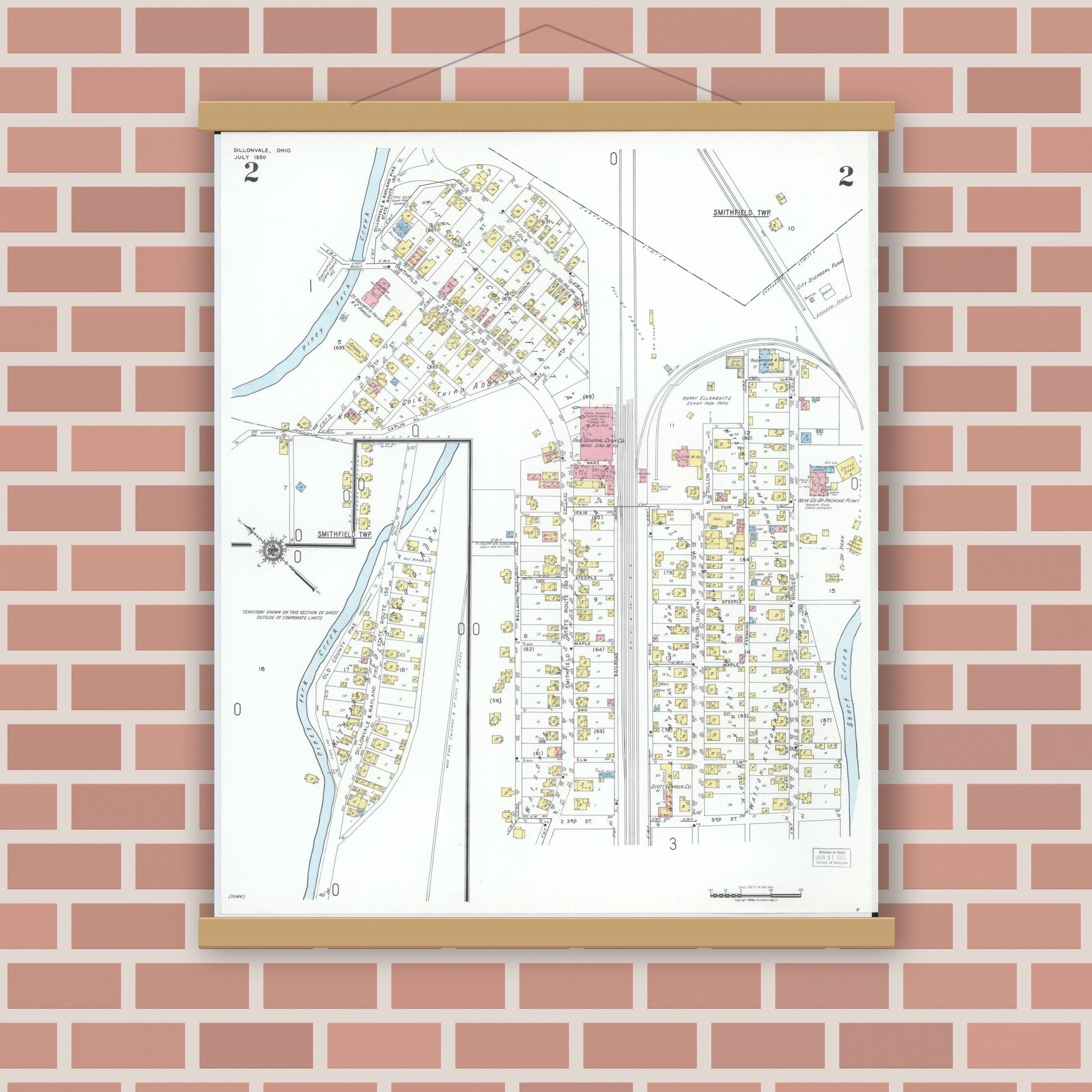 Old map wall art mockup — magnetic wood frame on brick wall — Sanborn Fire Insurance Map from Dillonvale, Jefferson County, Ohio (1950), Sheet #0002