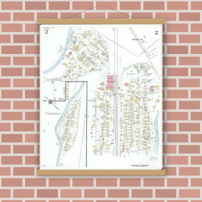 Old map wall art mockup — magnetic wood frame on brick wall — Sanborn Fire Insurance Map from Dillonvale, Jefferson County, Ohio (1950), Sheet #0002