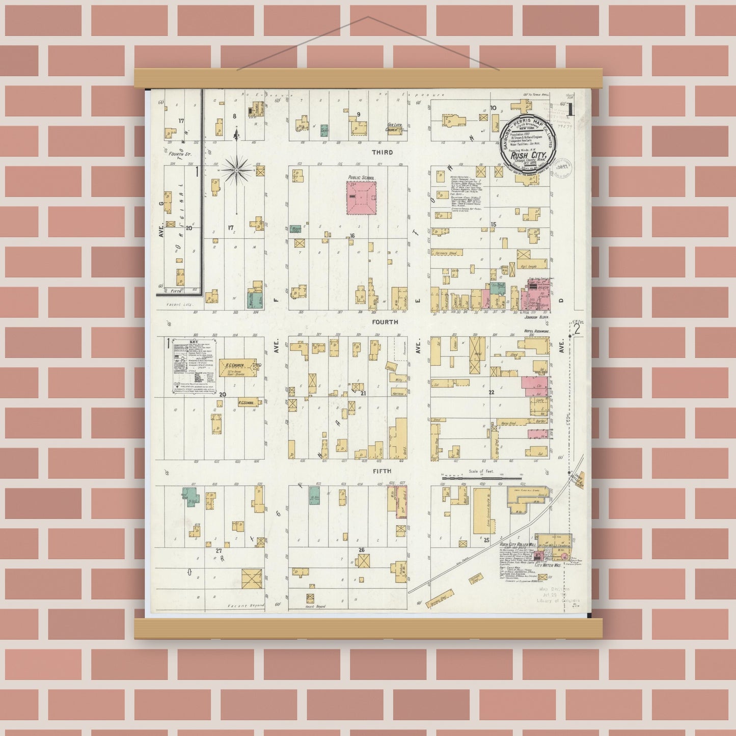 Old map wall art mockup — magnetic wood frame on brick wall — Sanborn Fire Insurance Map from Rush City, Chisago County, Minnesota (1899) - Complete Map Set