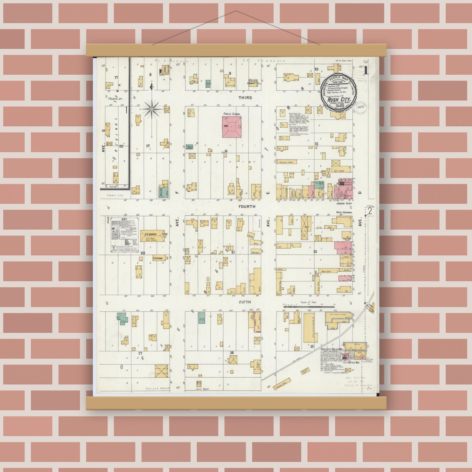 Old map wall art mockup — magnetic wood frame on brick wall — Sanborn Fire Insurance Map from Rush City, Chisago County, Minnesota (1899) - Complete Map Set