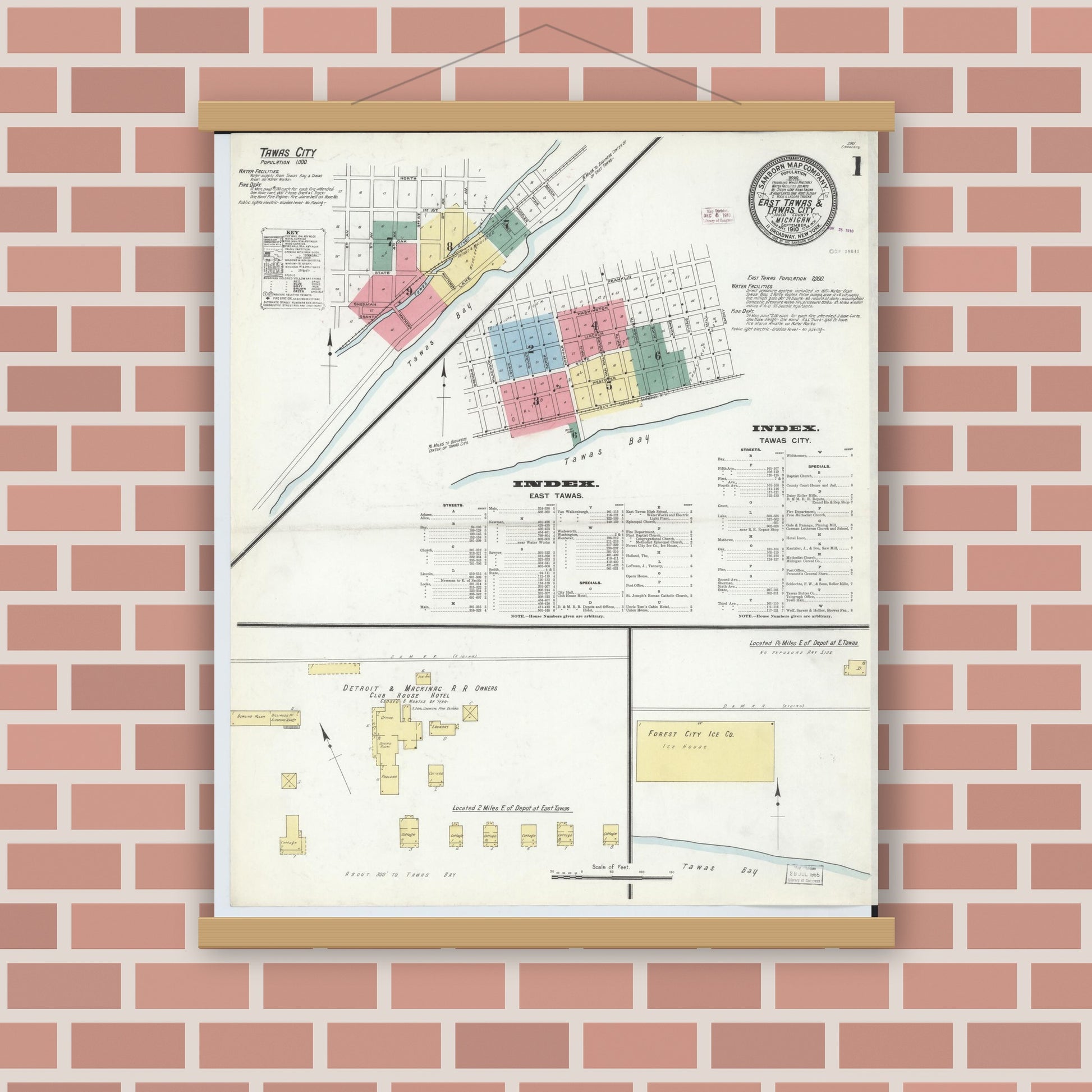 Old map wall art mockup — magnetic wood frame on brick wall — Sanborn Fire Insurance Map from East Tawas, Iosco County, Michigan (1910), Sheet #0001