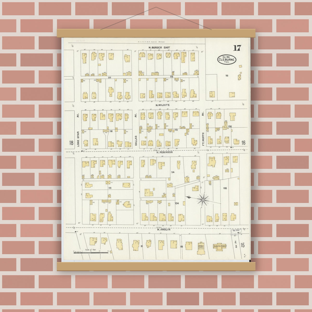 Old map wall art mockup — magnetic wood frame on brick wall — Sanborn Fire Insurance Map from Cleburne, Johnson County, Texas (1904), Sheet #0017