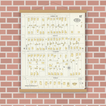 Old map wall art mockup — magnetic wood frame on brick wall — Sanborn Fire Insurance Map from Cleburne, Johnson County, Texas (1904), Sheet #0017