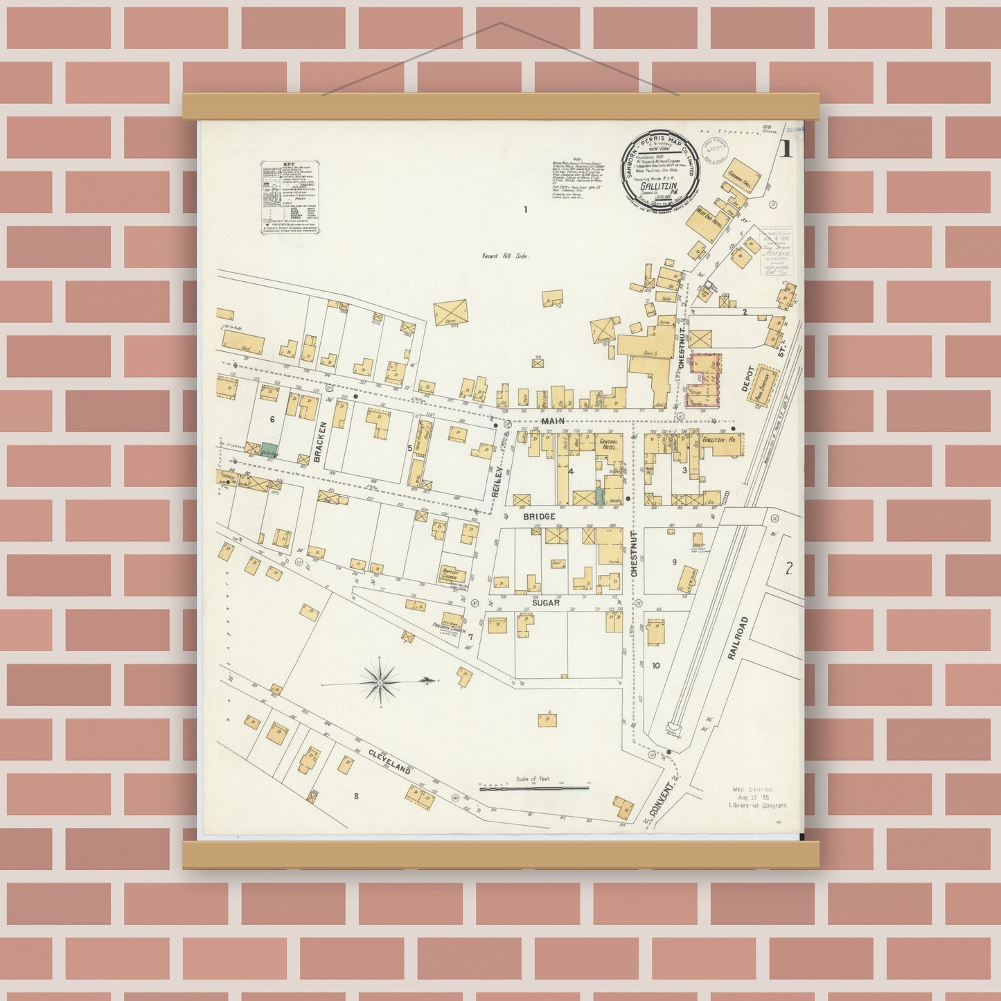 Old map wall art mockup — magnetic wood frame on brick wall — Sanborn Fire Insurance Map from Gallitzin, Cambria County, Pennsylvania (1900), Sheet #0001