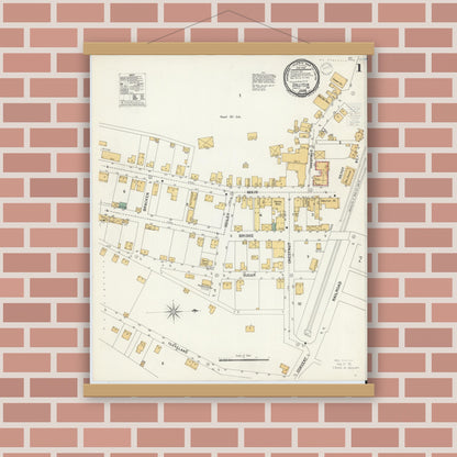 Old map wall art mockup — magnetic wood frame on brick wall — Sanborn Fire Insurance Map from Gallitzin, Cambria County, Pennsylvania (1900), Sheet #0001