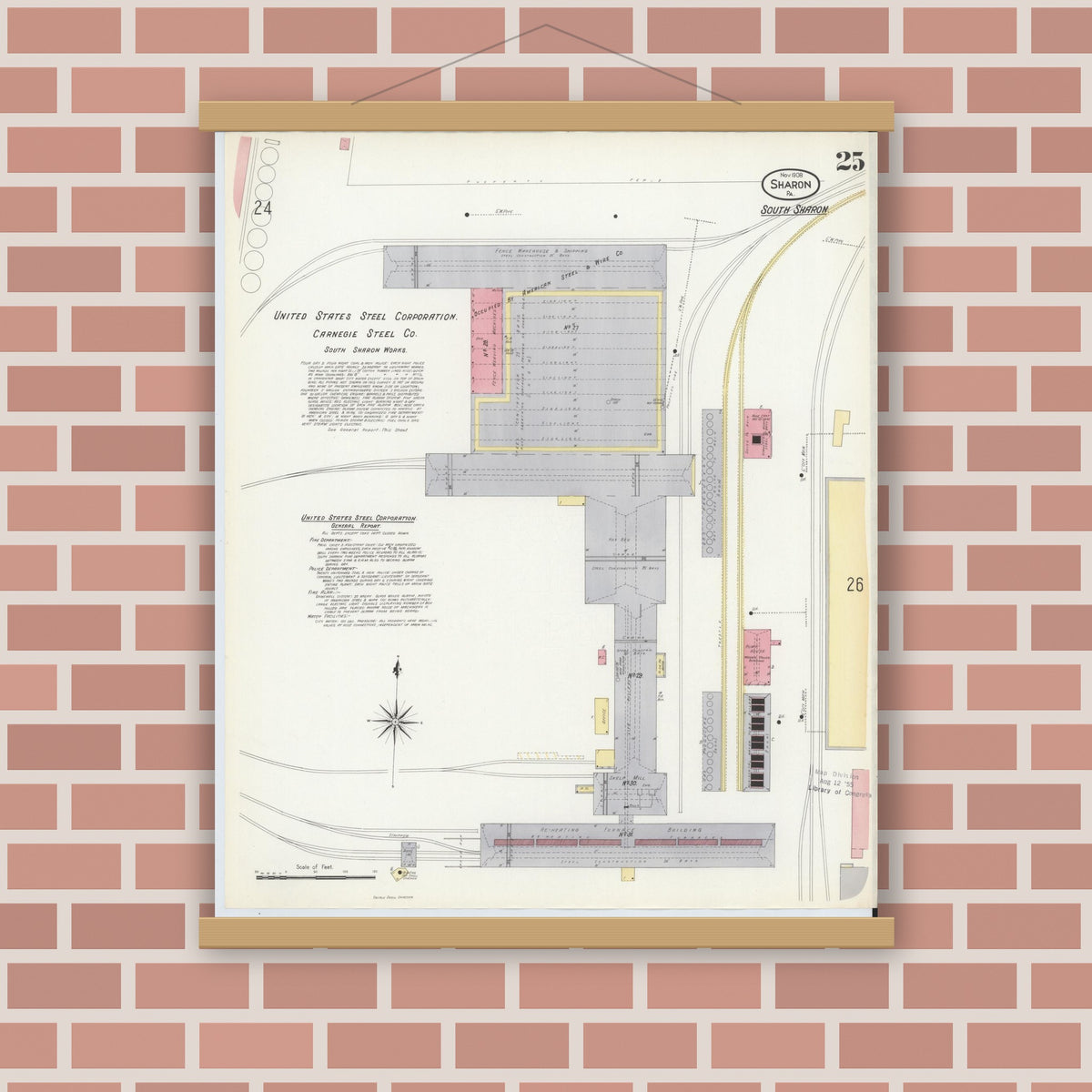 Old map wall art mockup — magnetic wood frame on brick wall — Sanborn Fire Insurance Map from Sharon, Mercer County, Pennsylvania (1908), Sheet #0025