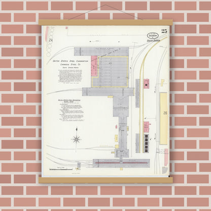 Old map wall art mockup — magnetic wood frame on brick wall — Sanborn Fire Insurance Map from Sharon, Mercer County, Pennsylvania (1908), Sheet #0025