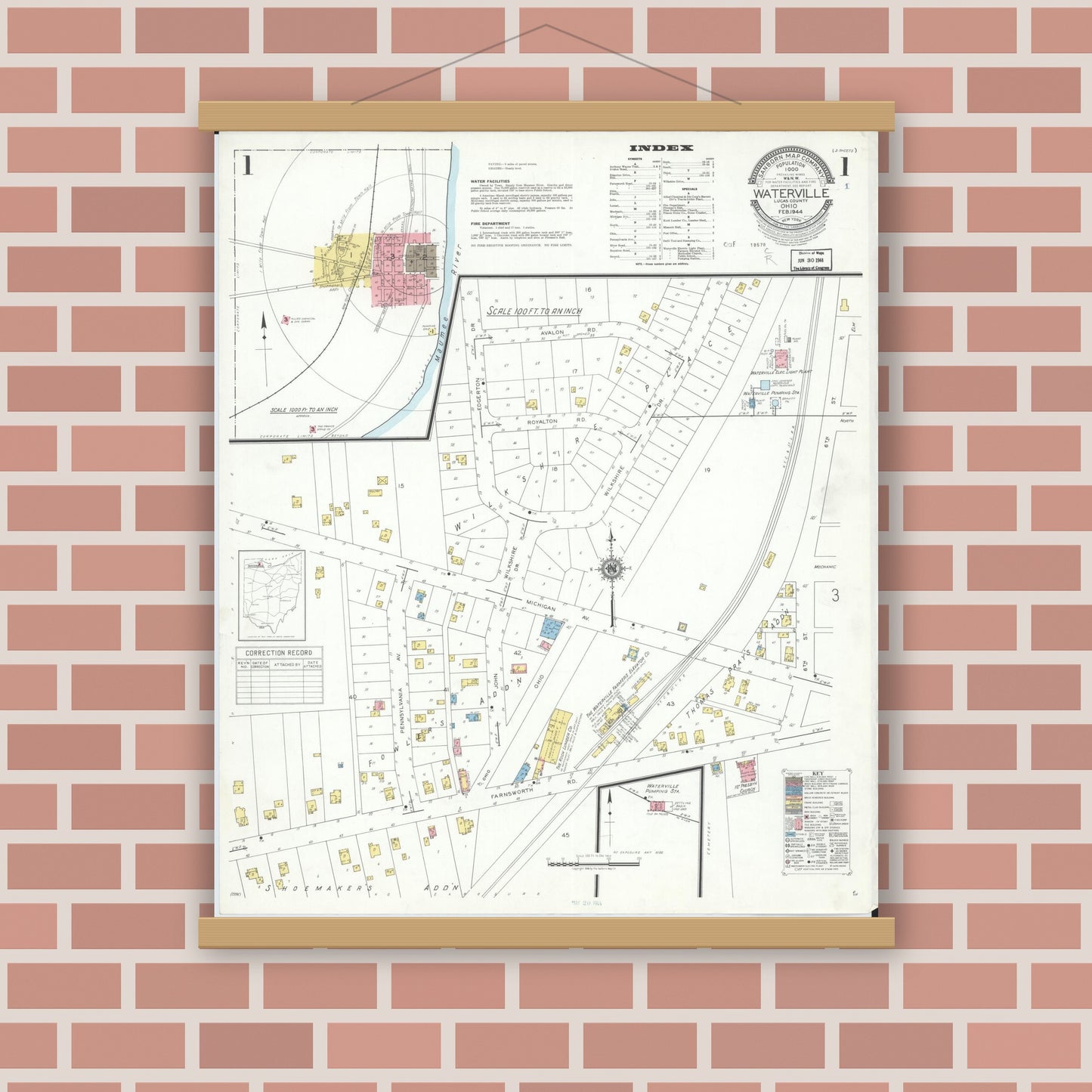 Old map wall art mockup — magnetic wood frame on brick wall — Sanborn Fire Insurance Map from Waterville, Lucas County, Ohio (1944) - Complete Map Set
