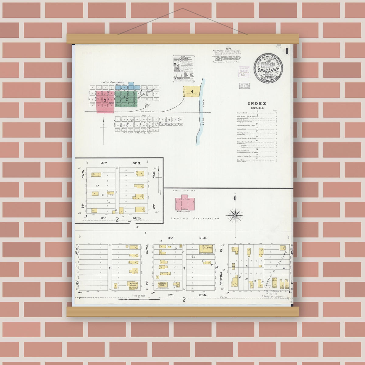 Old map wall art mockup — magnetic wood frame on brick wall — Sanborn Fire Insurance Map from Cass Lake, Cass County, Minnesota (1904) - Complete Map Set