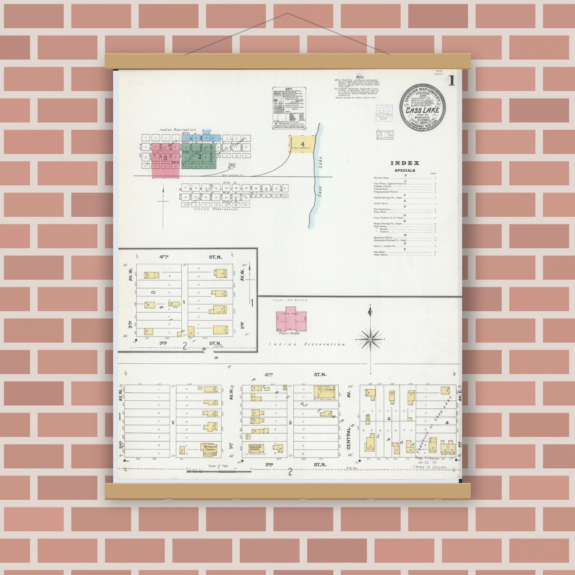 Old map wall art mockup — magnetic wood frame on brick wall — Sanborn Fire Insurance Map from Cass Lake, Cass County, Minnesota (1904) - Complete Map Set