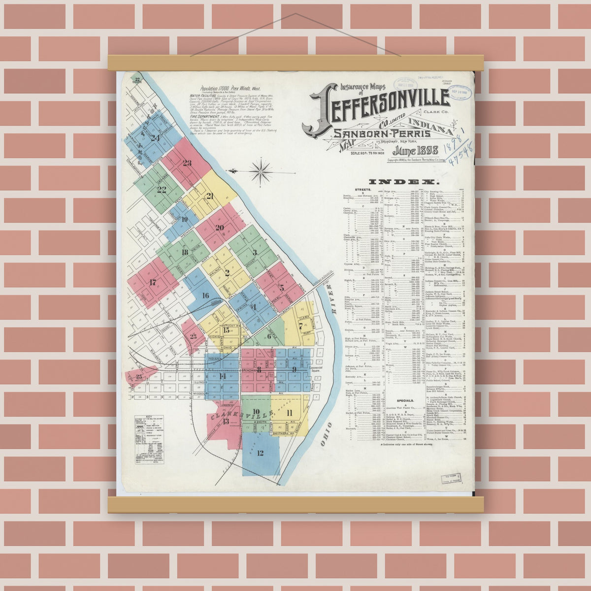 Old map wall art mockup — magnetic wood frame on brick wall — Sanborn Fire Insurance Map from Jeffersonville, Clark County, Indiana (1898) - Complete Map Set