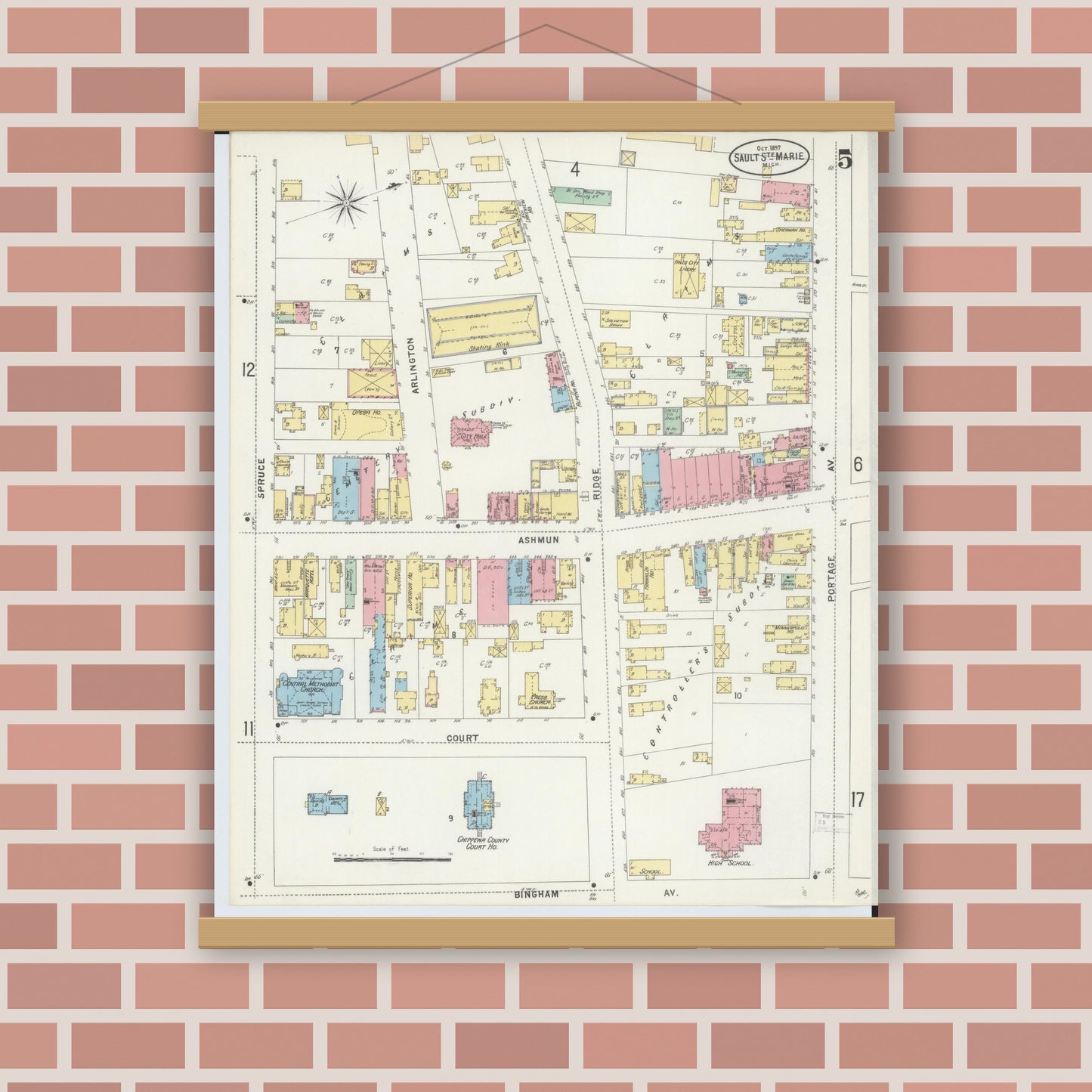 Old map wall art mockup — magnetic wood frame on brick wall — Sanborn Fire Insurance Map from Sault Sainte Marie, Chippewa County, Michigan (1897), Sheet #0005