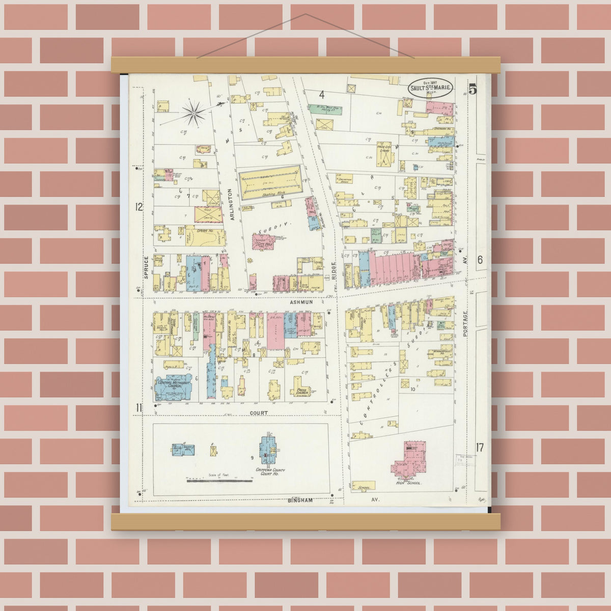 Old map wall art mockup — magnetic wood frame on brick wall — Sanborn Fire Insurance Map from Sault Sainte Marie, Chippewa County, Michigan (1897), Sheet #0005