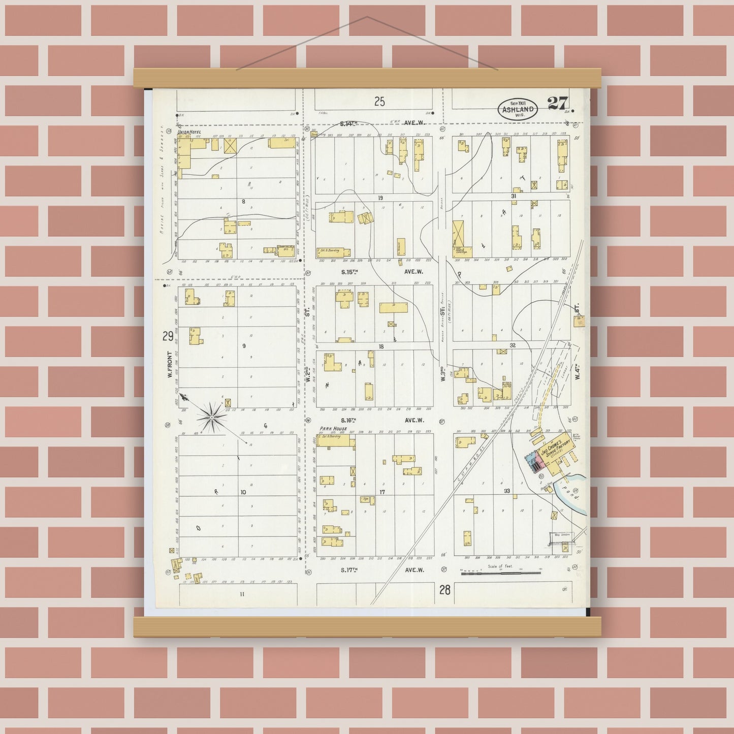 Old map wall art mockup — magnetic wood frame on brick wall — Sanborn Fire Insurance Map from Ashland, Ashland County, Wisconsin (1901), Sheet #0027