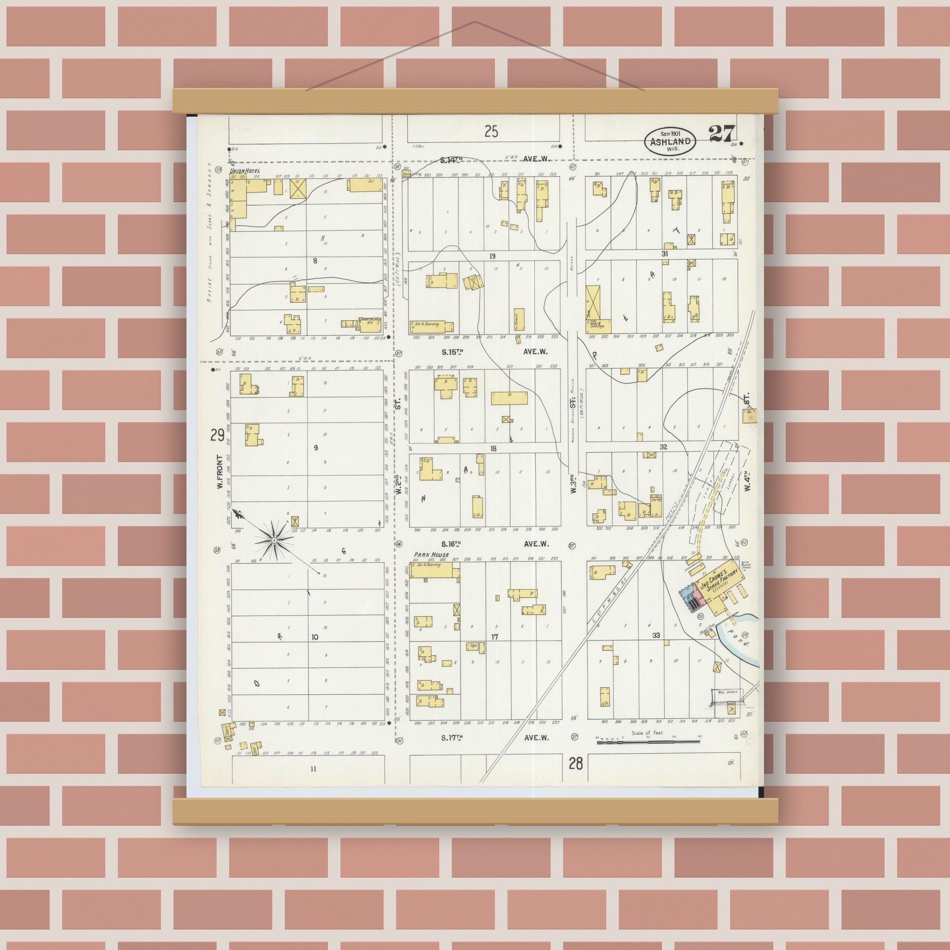 Old map wall art mockup — magnetic wood frame on brick wall — Sanborn Fire Insurance Map from Ashland, Ashland County, Wisconsin (1901), Sheet #0027
