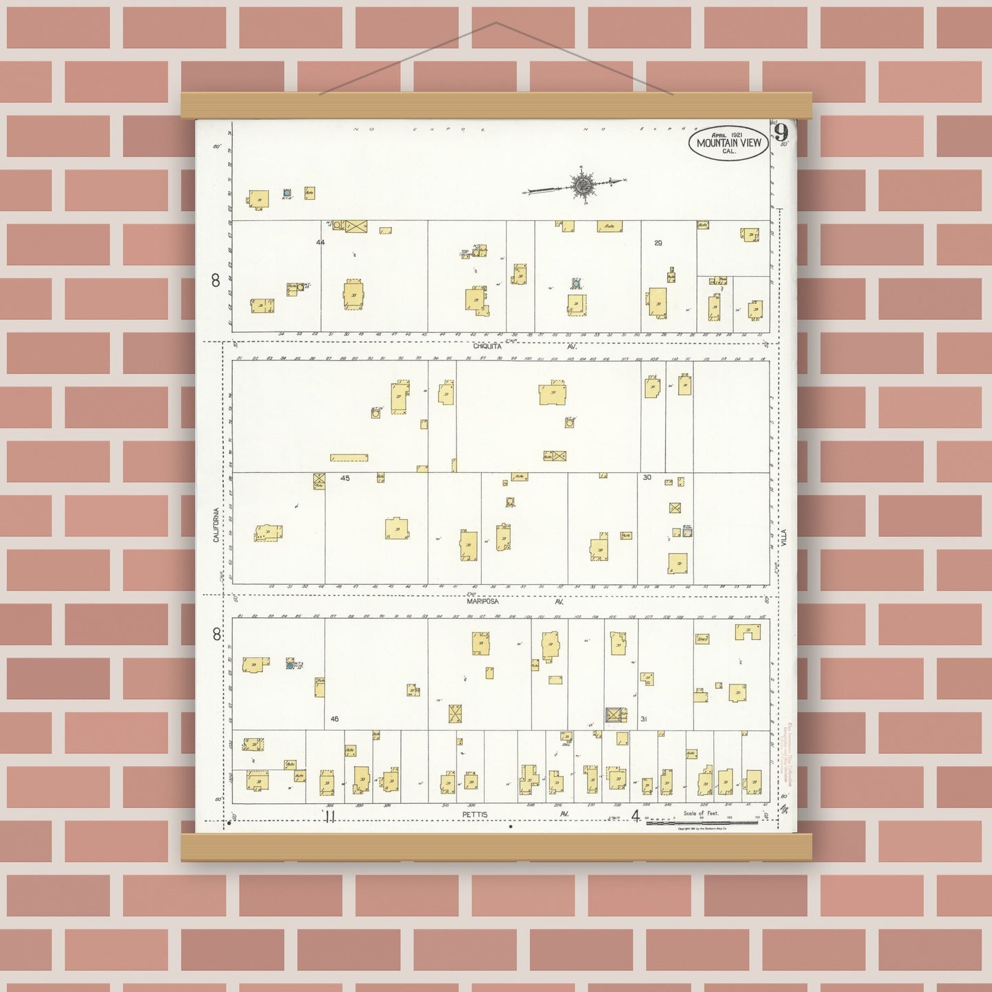 Old map wall art mockup — magnetic wood frame on brick wall — Sanborn Fire Insurance Map from Mountain View, Santa Clara County, California (1921), Sheet #0009