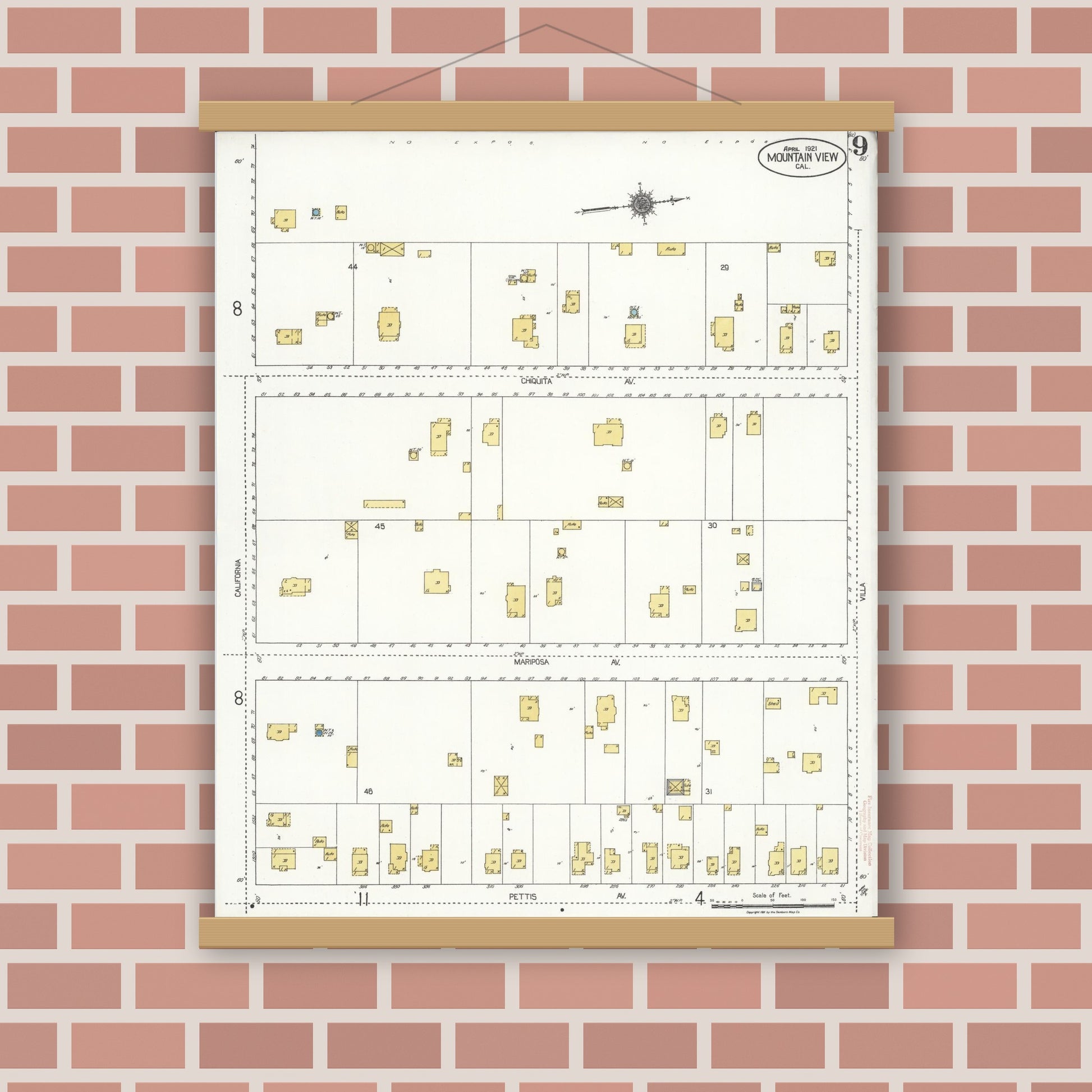 Old map wall art mockup — magnetic wood frame on brick wall — Sanborn Fire Insurance Map from Mountain View, Santa Clara County, California (1921), Sheet #0009