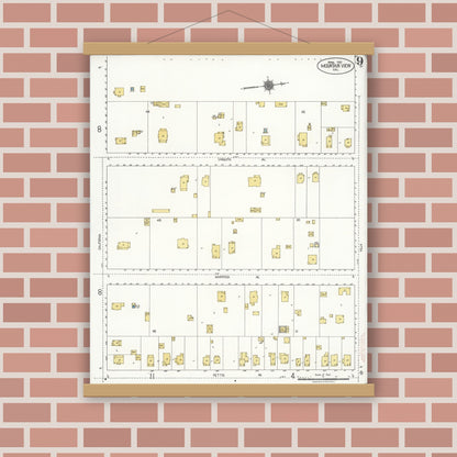 Old map wall art mockup — magnetic wood frame on brick wall — Sanborn Fire Insurance Map from Mountain View, Santa Clara County, California (1921), Sheet #0009