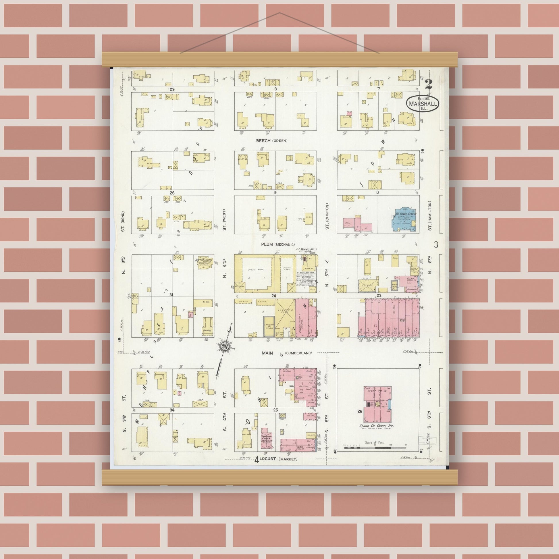 Old map wall art mockup — magnetic wood frame on brick wall — Sanborn Fire Insurance Map from Marshall, Clark County, Illinois (1912), Sheet #0002