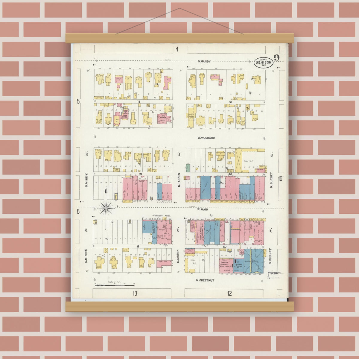 Old map wall art mockup — magnetic wood frame on brick wall — Sanborn Fire Insurance Map from Denison, Grayson County, Texas (1903), Sheet #0009