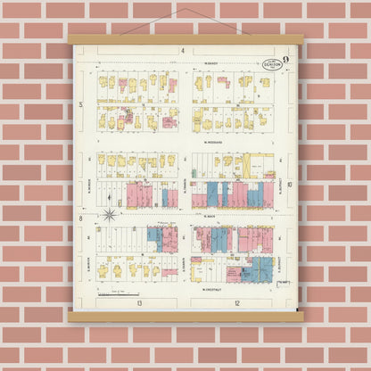 Old map wall art mockup — magnetic wood frame on brick wall — Sanborn Fire Insurance Map from Denison, Grayson County, Texas (1903), Sheet #0009