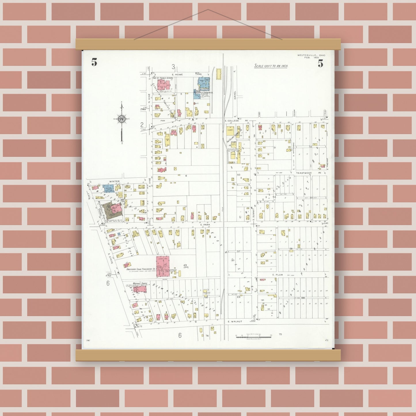 Old map wall art mockup — magnetic wood frame on brick wall — Sanborn Fire Insurance Map from Westerville, Franklin County, Ohio (1933), Sheet #0005