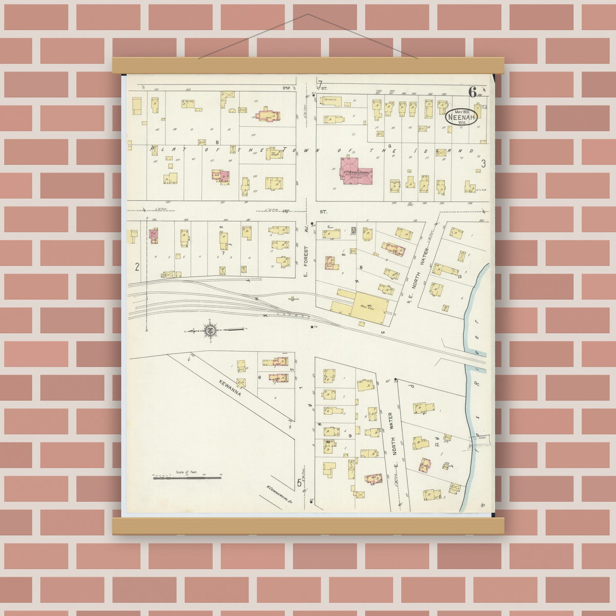 Old map wall art mockup — magnetic wood frame on brick wall — Sanborn Fire Insurance Map from Neenah, Winnebago County, Wisconsin (1913), Sheet #0006