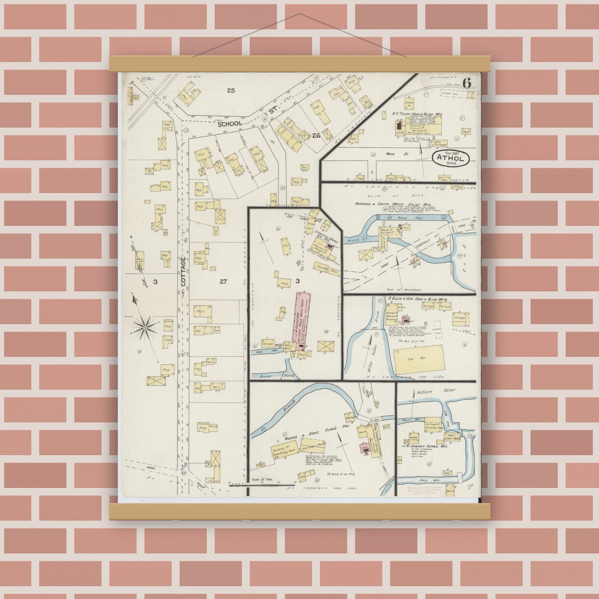 Old map wall art mockup — magnetic wood frame on brick wall — Sanborn Fire Insurance Map from Athol, Worcester County, Massachusetts (1887), Sheet #0006