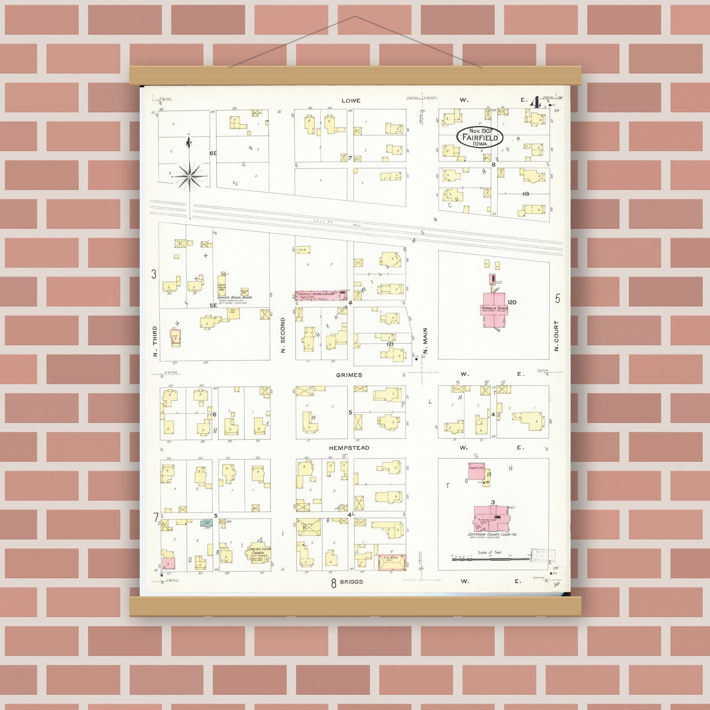 Old map wall art mockup — magnetic wood frame on brick wall — Sanborn Fire Insurance Map from Fairfield, Jefferson County, Iowa (1907), Sheet #0004