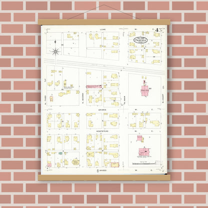 Old map wall art mockup — magnetic wood frame on brick wall — Sanborn Fire Insurance Map from Fairfield, Jefferson County, Iowa (1907), Sheet #0004