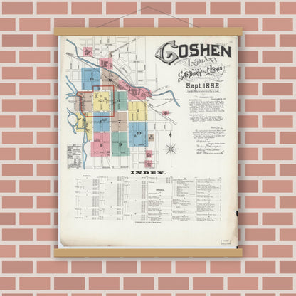 Old map wall art mockup — magnetic wood frame on brick wall — Sanborn Fire Insurance Map from Goshen, Elkhart County, Indiana (1892) - Complete Map Set