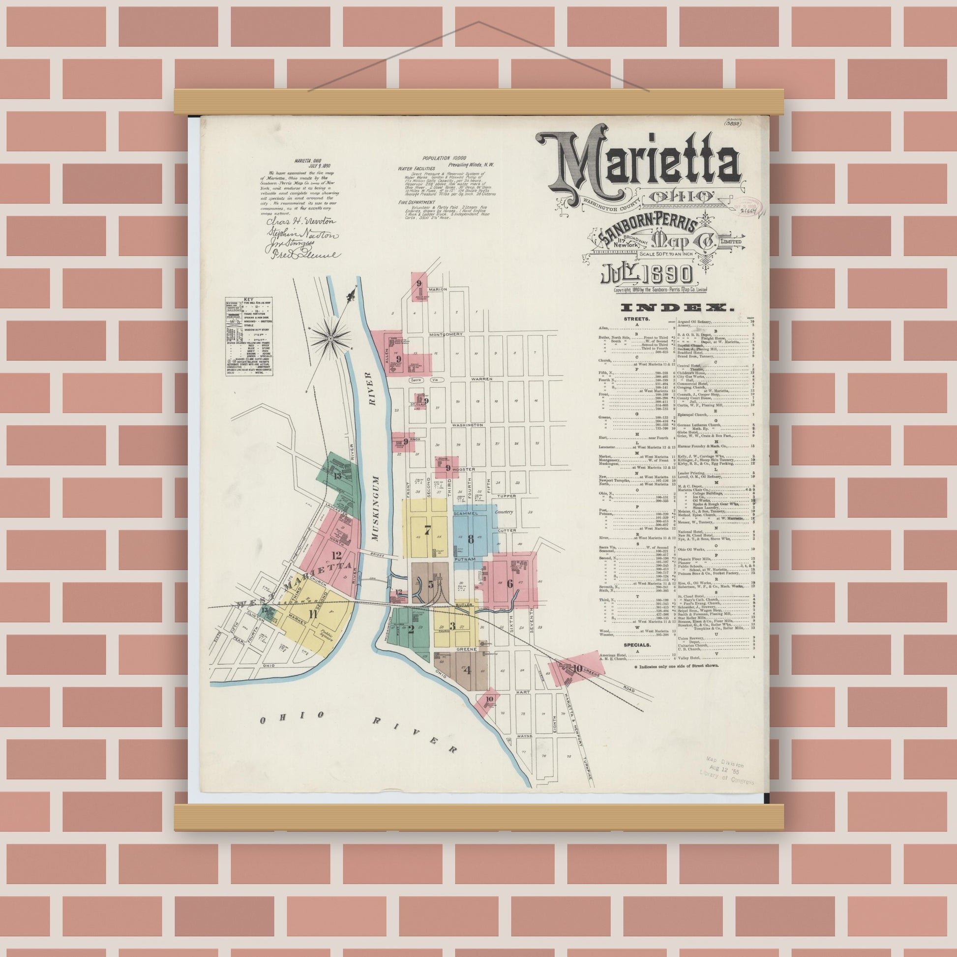 Old map wall art mockup — magnetic wood frame on brick wall — Sanborn Fire Insurance Map from Marietta, Washington County, Ohio (1890), Sheet #0001