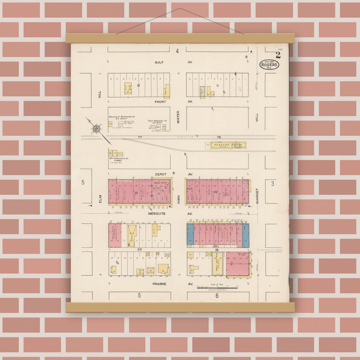 Old map wall art mockup — magnetic wood frame on brick wall — Sanborn Fire Insurance Map from Rogers, Bell County, Texas (1921), Sheet #0002