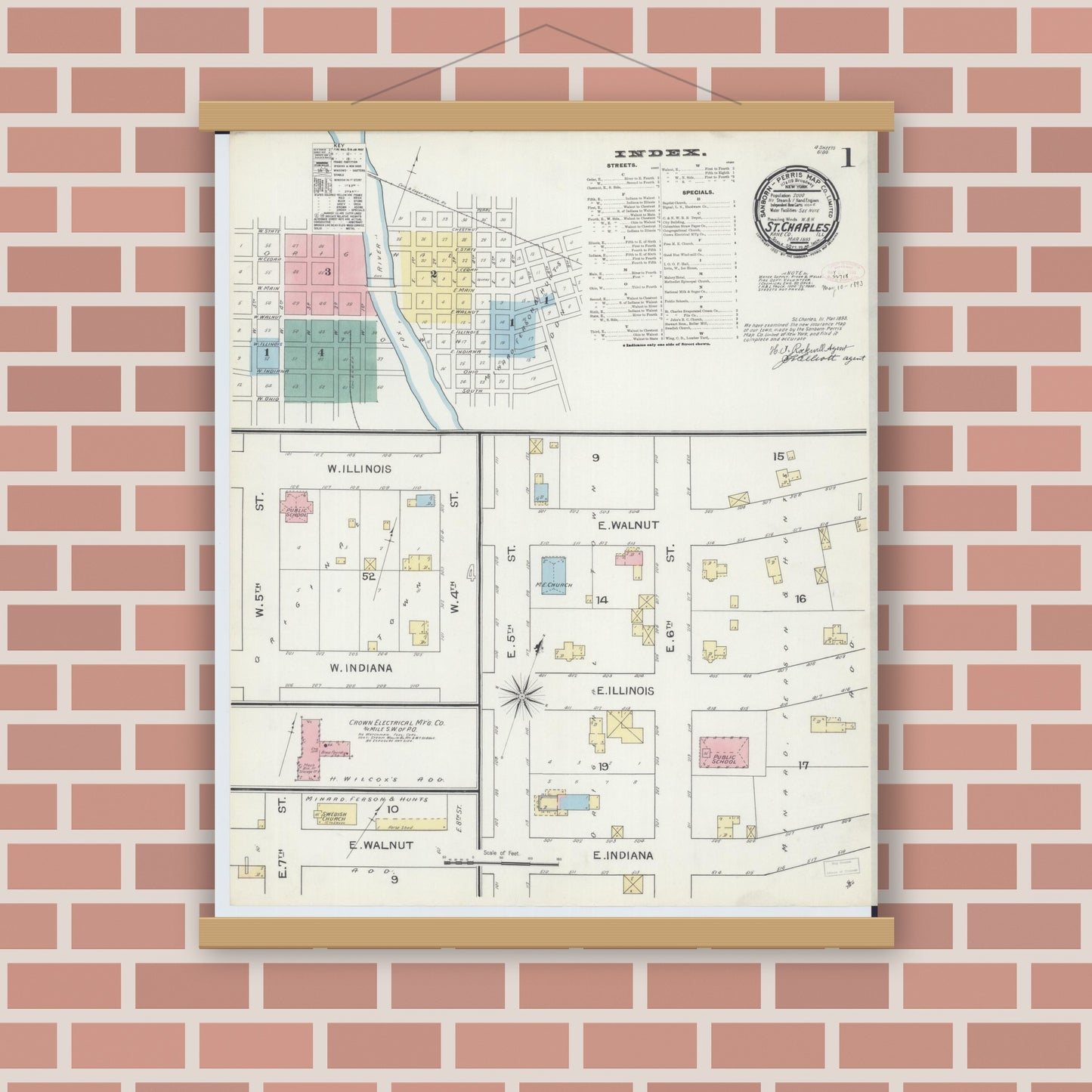 Old map wall art mockup — magnetic wood frame on brick wall — Sanborn Fire Insurance Map from Saint Charles, Kane County, Illinois (1893) - Complete Map Set