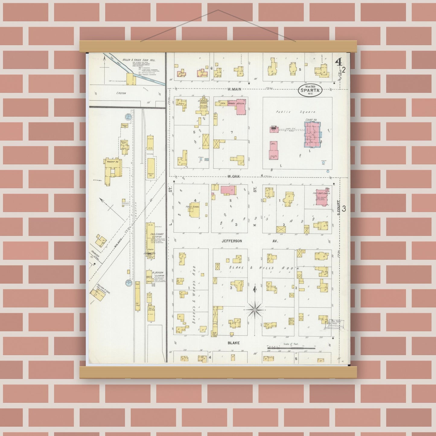 Old map wall art mockup — magnetic wood frame on brick wall — Sanborn Fire Insurance Map from Sparta, Monroe County, Wisconsin (1900), Sheet #0004