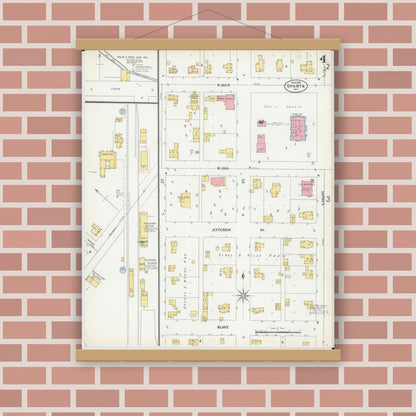 Old map wall art mockup — magnetic wood frame on brick wall — Sanborn Fire Insurance Map from Sparta, Monroe County, Wisconsin (1900), Sheet #0004