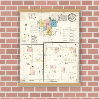 Old map wall art mockup — magnetic wood frame on brick wall — Sanborn Fire Insurance Map from Waukon, Allamakee County, Iowa (1913), Sheet #0001