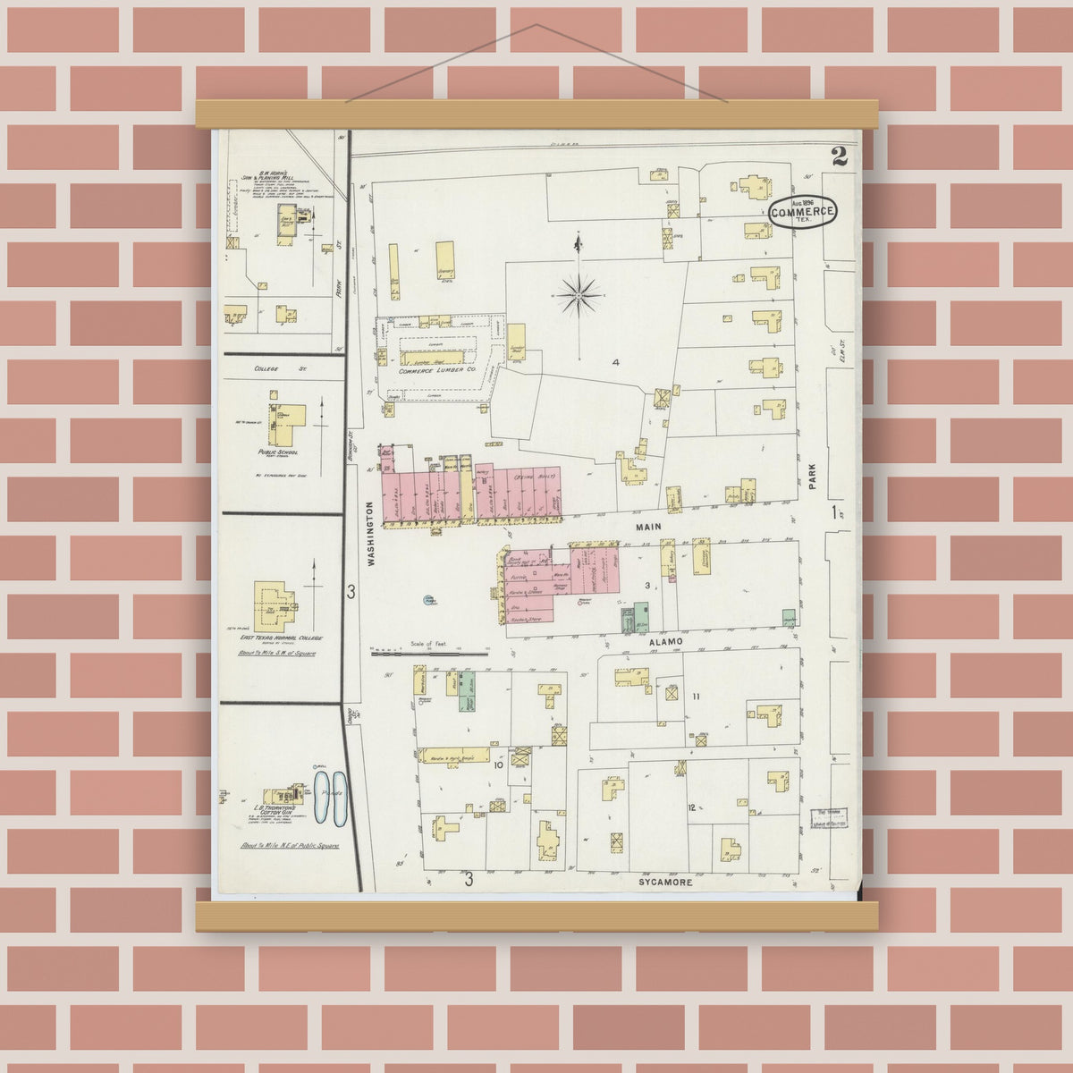 Old map wall art mockup — magnetic wood frame on brick wall — Sanborn Fire Insurance Map from Commerce, Hunt County, Texas (1896), Sheet #0002