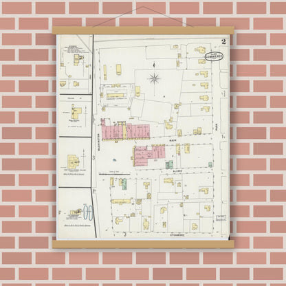 Old map wall art mockup — magnetic wood frame on brick wall — Sanborn Fire Insurance Map from Commerce, Hunt County, Texas (1896), Sheet #0002