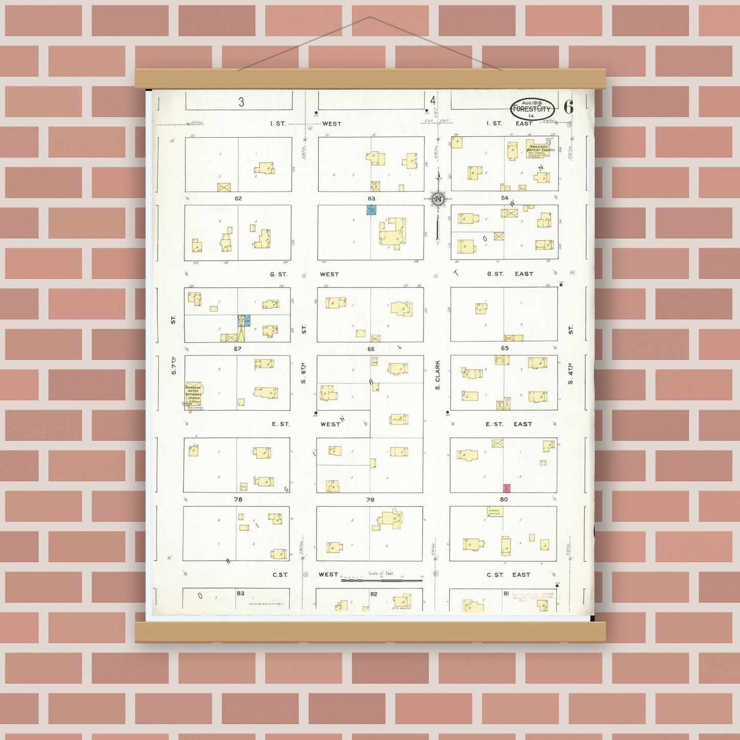 Old map wall art mockup — magnetic wood frame on brick wall — Sanborn Fire Insurance Map from Forest City, Winnebago County, Iowa (1916), Sheet #0006