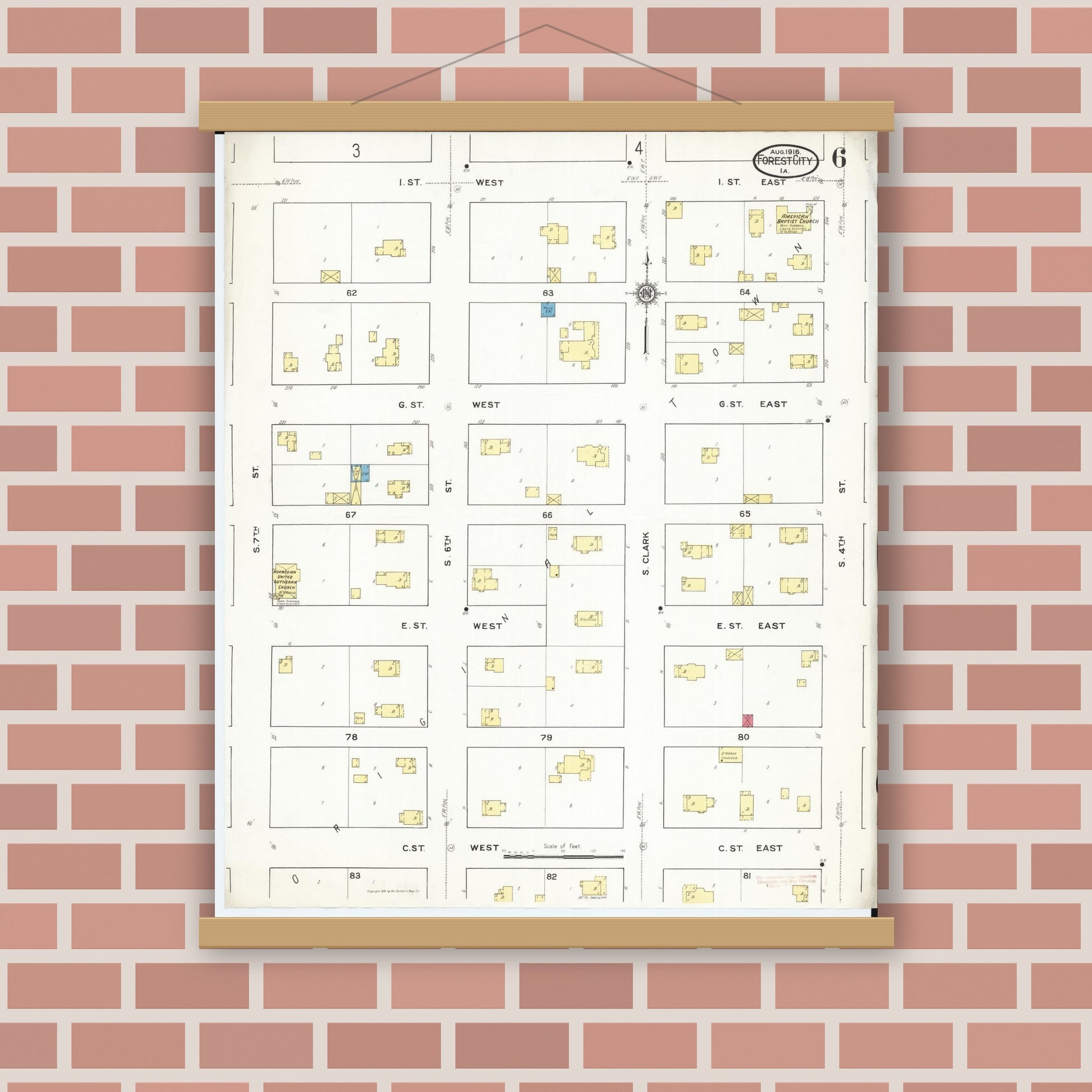 Old map wall art mockup — magnetic wood frame on brick wall — Sanborn Fire Insurance Map from Forest City, Winnebago County, Iowa (1916), Sheet #0006