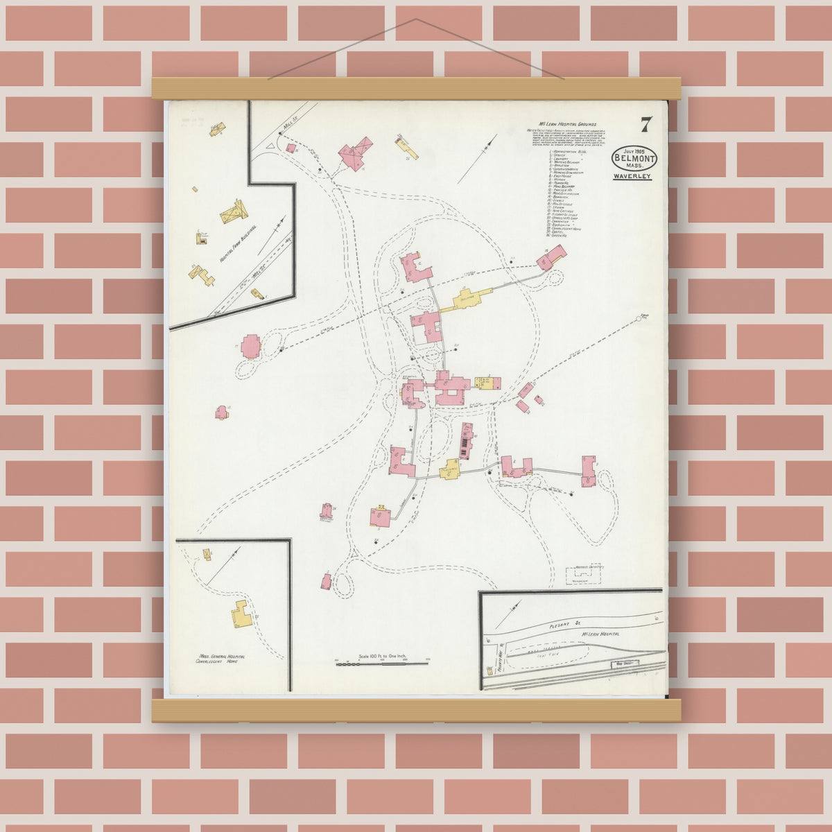 Old map wall art mockup — magnetic wood frame on brick wall — Sanborn Fire Insurance Map from Belmont, Middlesex County, Massachusetts (1905), Sheet #0007