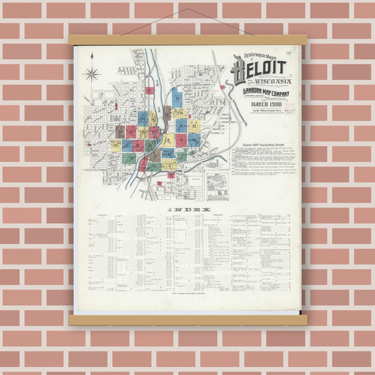 Old map wall art mockup — magnetic wood frame on brick wall — Sanborn Fire Insurance Map from Beloit, Rock County, Wisconsin (1908), Sheet #0001