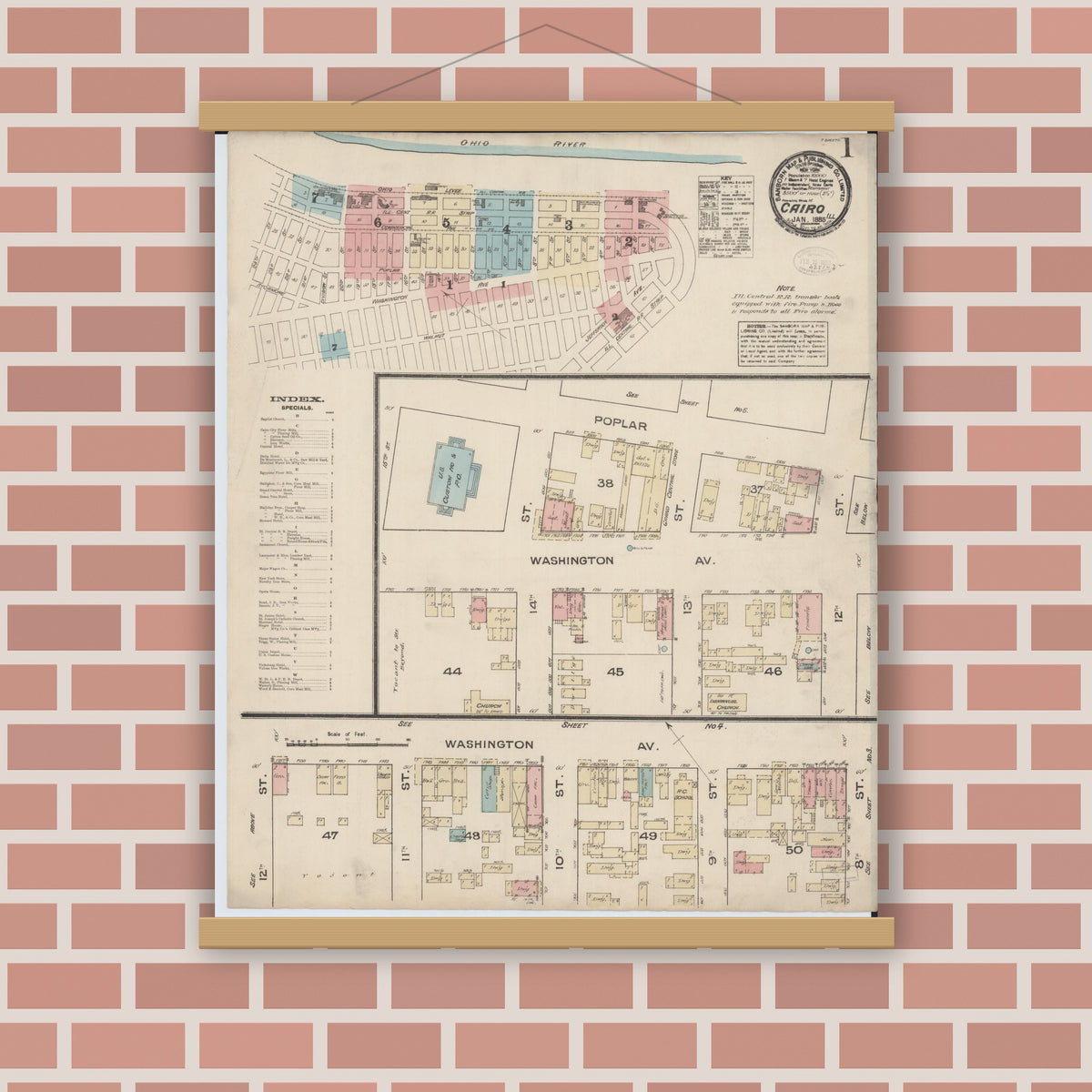 Old map wall art mockup — magnetic wood frame on brick wall — Sanborn Fire Insurance Map from Cairo, Alexander County, Illinois (1885) - Complete Map Set