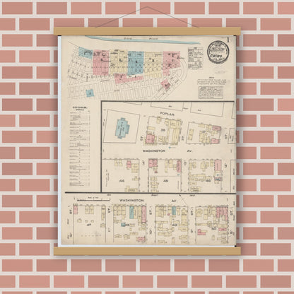 Old map wall art mockup — magnetic wood frame on brick wall — Sanborn Fire Insurance Map from Cairo, Alexander County, Illinois (1885) - Complete Map Set