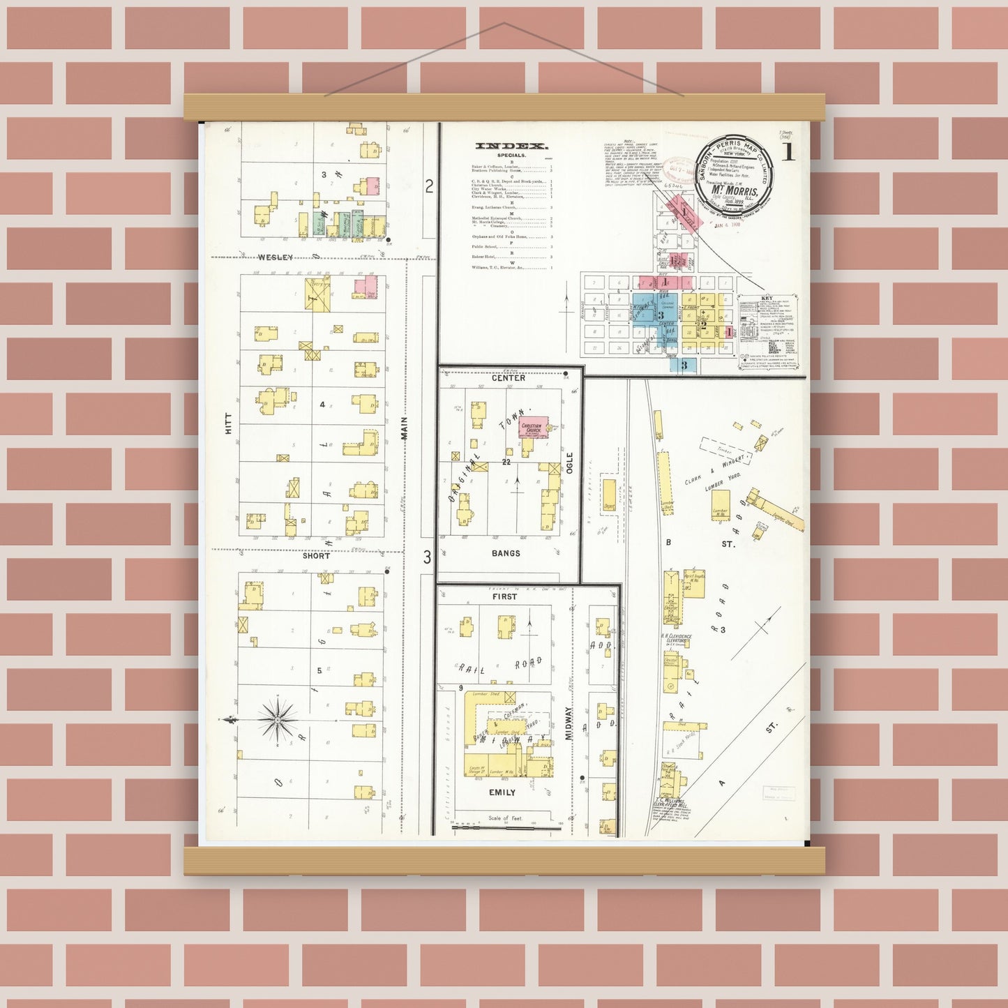 Old map wall art mockup — magnetic wood frame on brick wall — Sanborn Fire Insurance Map from Mount Morris, Ogle County, Illinois (1899), Sheet #0001