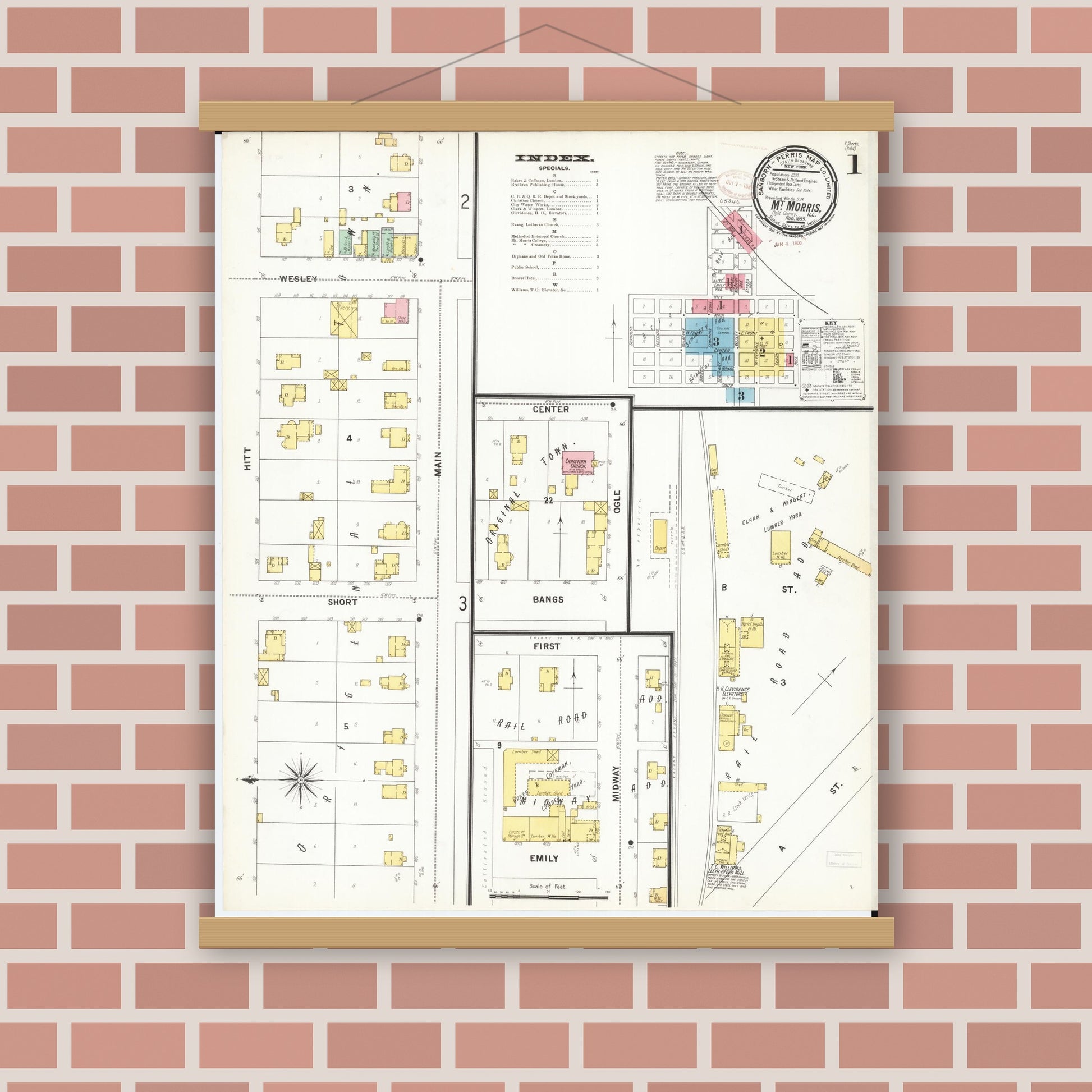 Old map wall art mockup — magnetic wood frame on brick wall — Sanborn Fire Insurance Map from Mount Morris, Ogle County, Illinois (1899), Sheet #0001