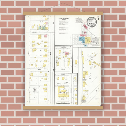 Old map wall art mockup — magnetic wood frame on brick wall — Sanborn Fire Insurance Map from Mount Morris, Ogle County, Illinois (1899), Sheet #0001