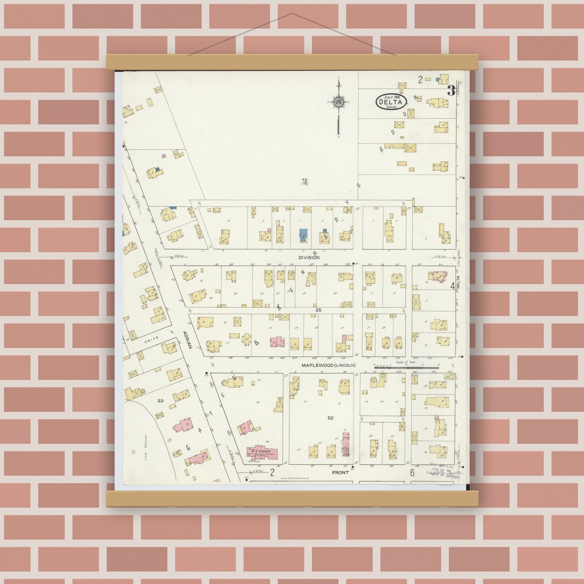 Old map wall art mockup — magnetic wood frame on brick wall — Sanborn Fire Insurance Map from Delta, Fulton County, Ohio (1916), Sheet #0003